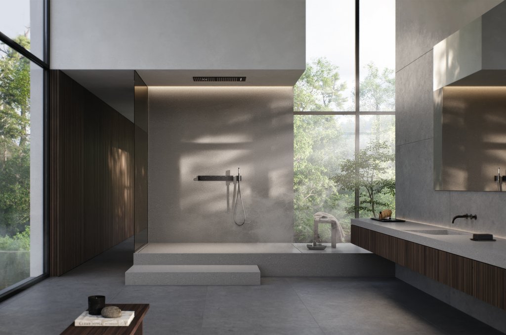 Modern gestaltetes Badeszimmer mit Duschbereich ausgestattet mit dem Unterputz-Thermostat Grohtherm Aqua Tiles und den Deckenmodulen der Rainshower Aqua Tiles